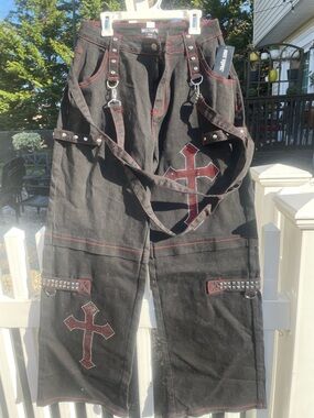 Hot topic black Cross Patch Wide Cargo Pants with Studded Straps